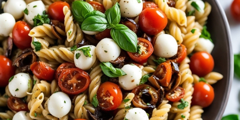 Caprese pasta salad with balsamic glaze